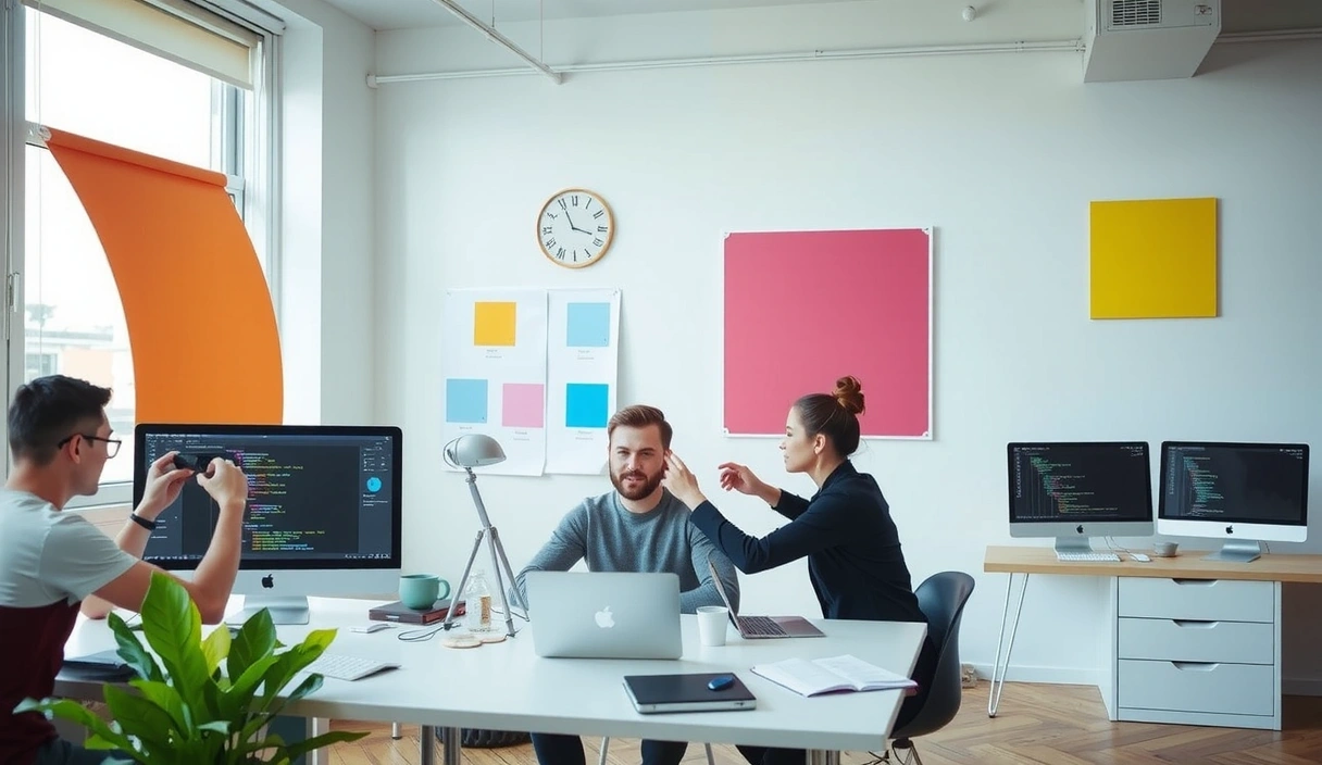 A modern, sleek design studio workspace with designers collaborating on digital projects, showcasing creativity and teamwork.
