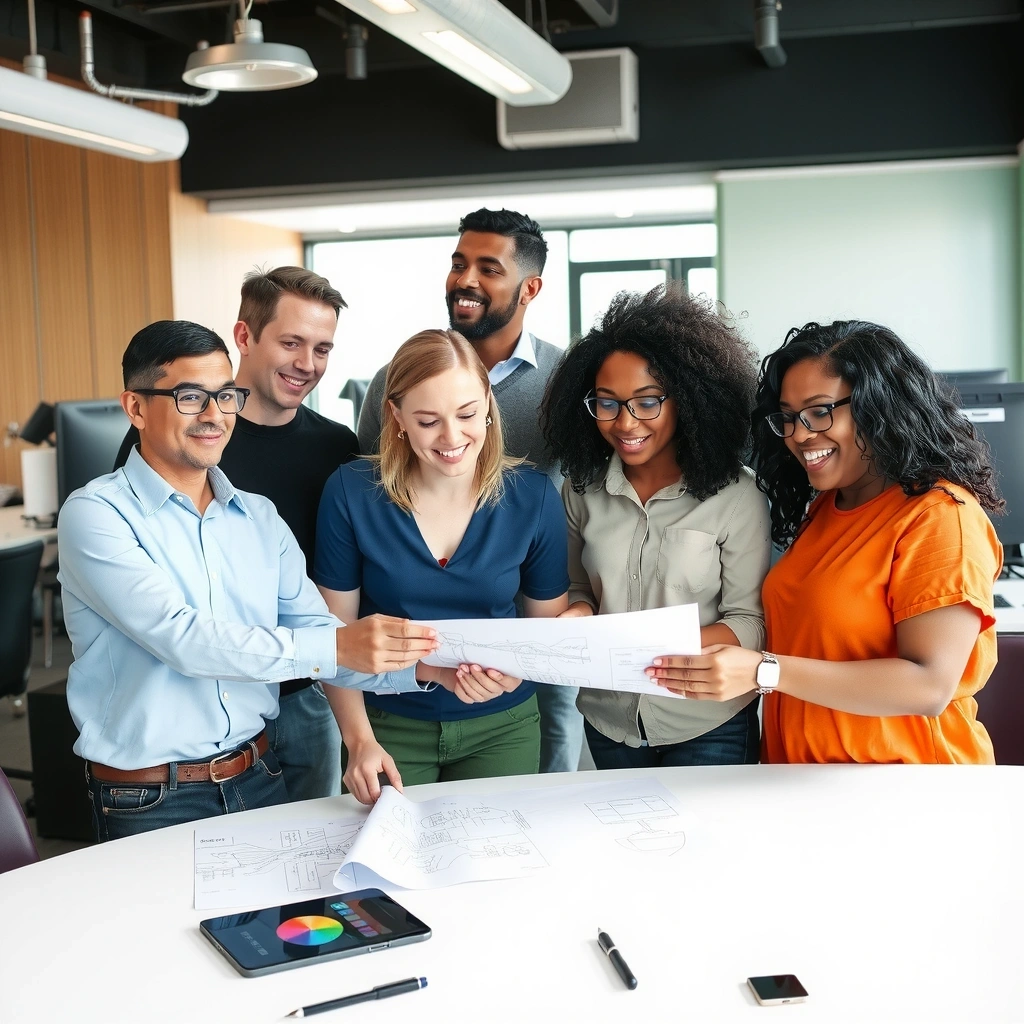 A team of professionals collaborating in a modern office, symbolizing unity and shared vision.
