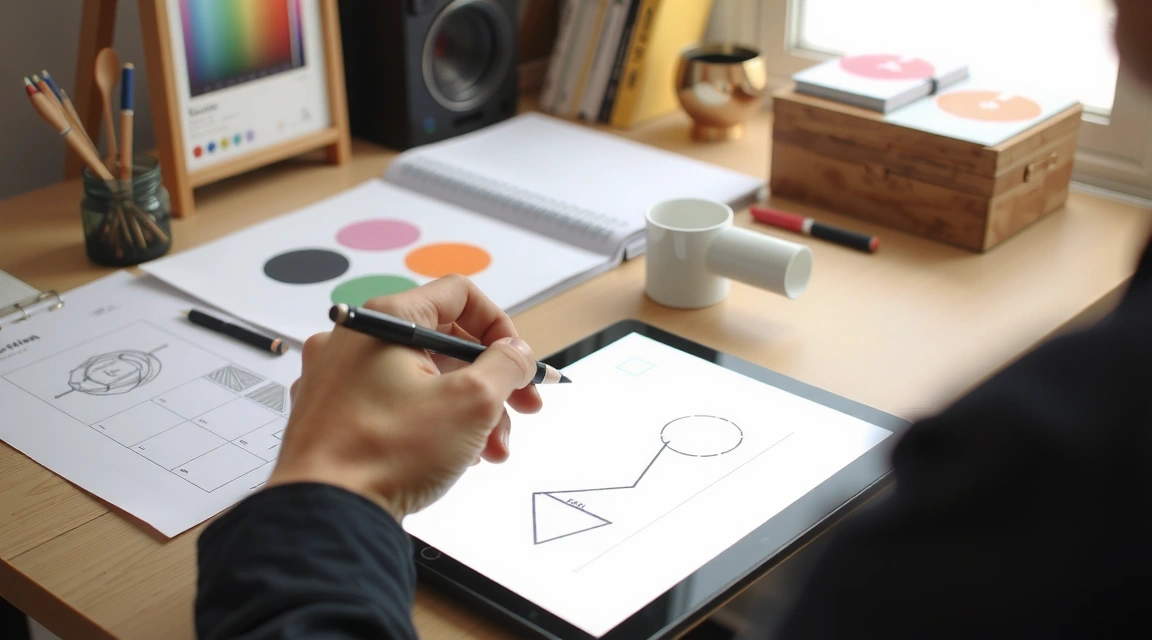 A designer's hand sketching ideas on a tablet, surrounded by design tools and mood boards, reflecting creative process.