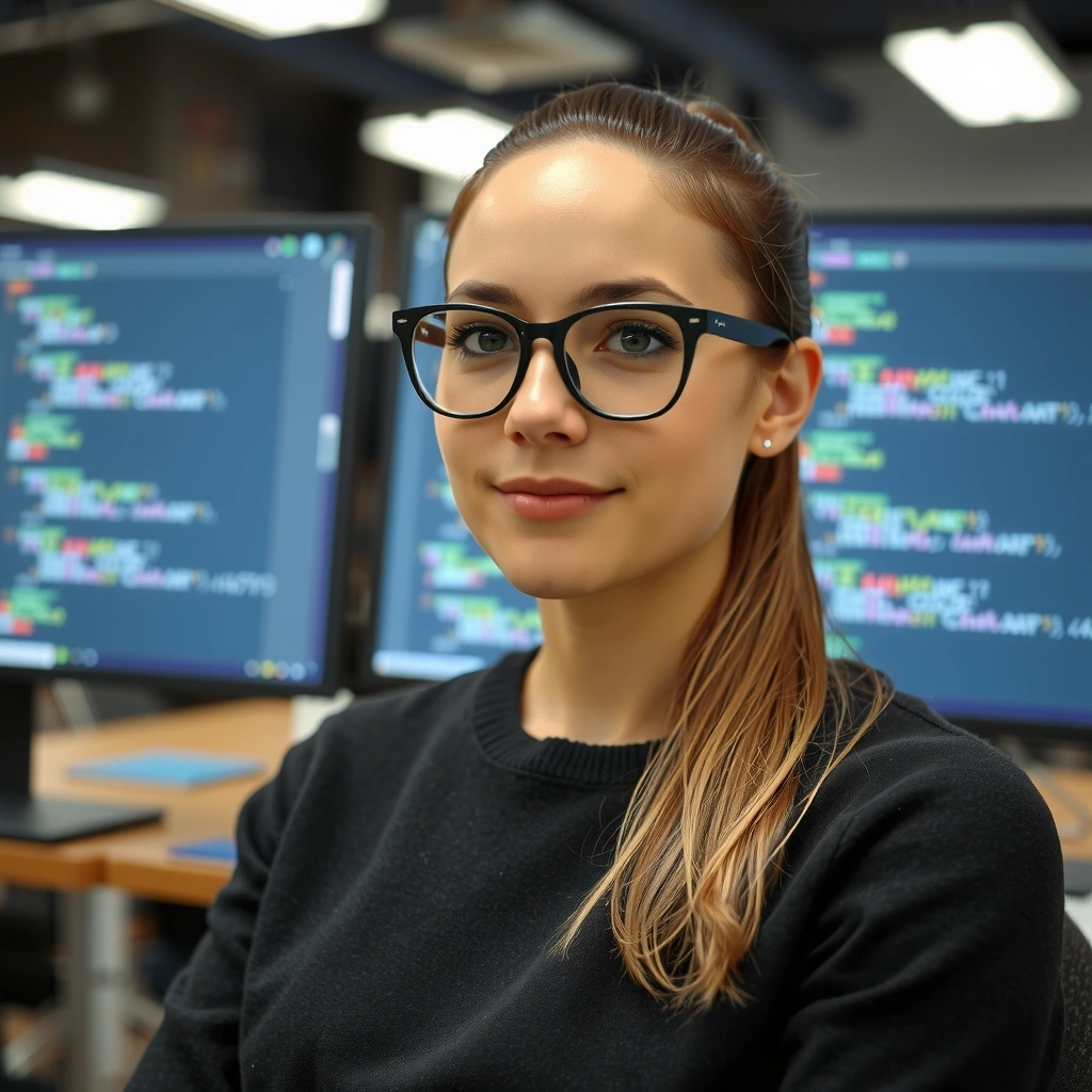 Portrait of a female lead web developer, focused and innovative.