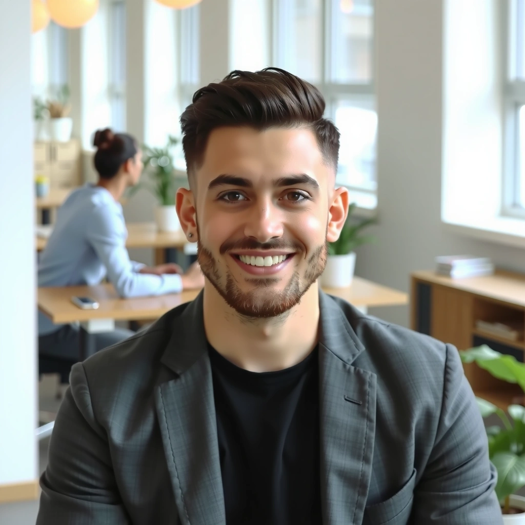 Portrait of a smiling male creative director, professional and approachable.