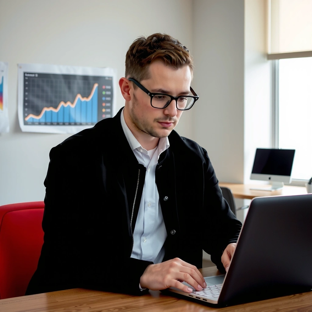 Portrait of a male digital marketing specialist, analytical and results-driven.