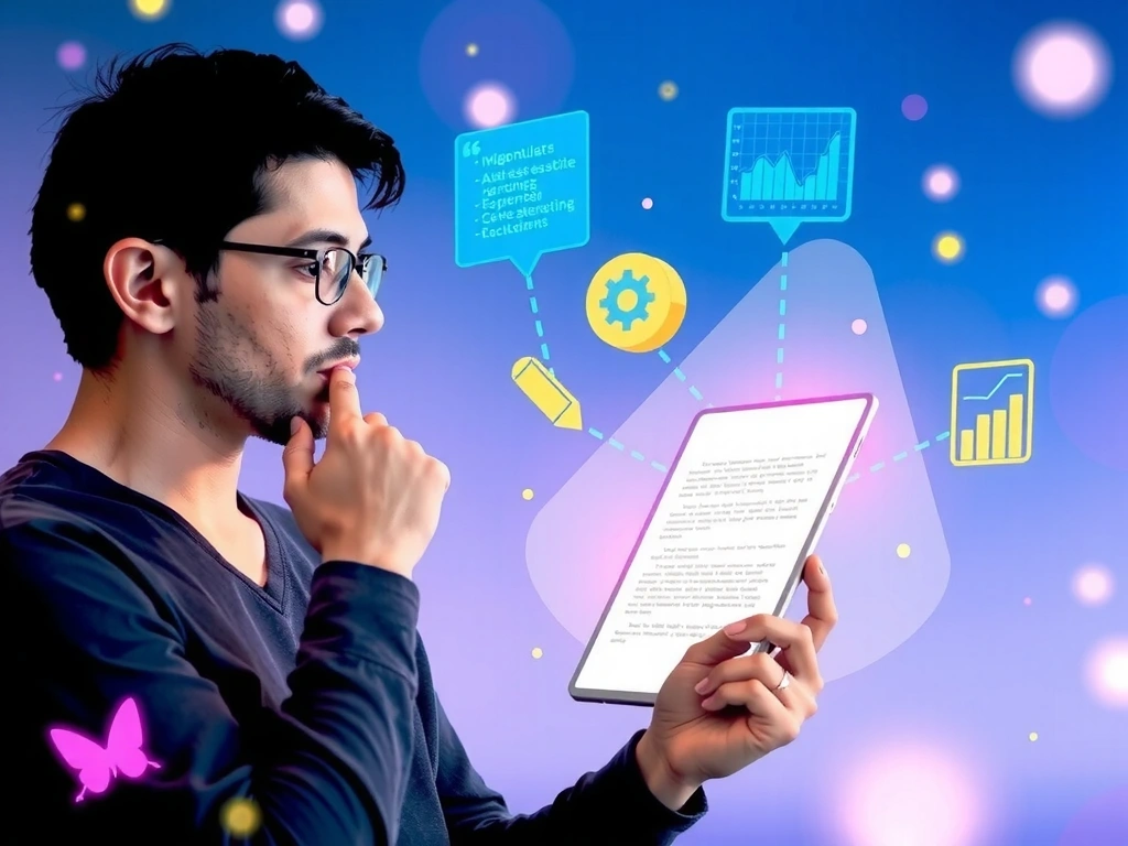 A person reading an article on a tablet, surrounded by abstract design elements symbolizing knowledge and innovation.