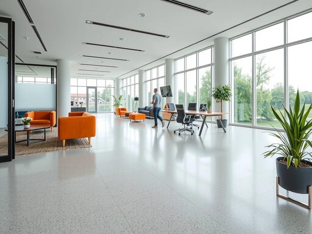 A modern office space with sleek design and natural light, ready for client meetings.