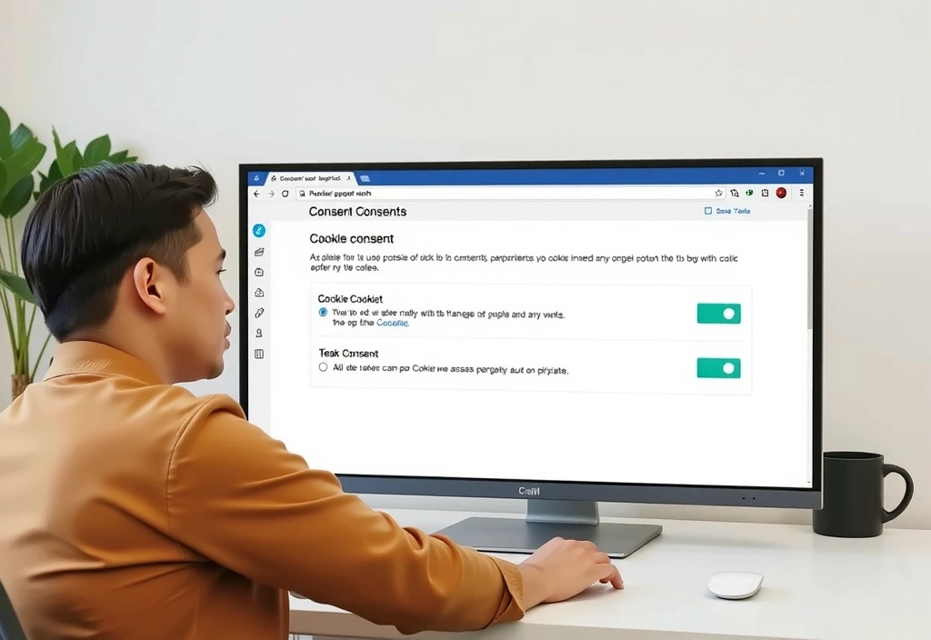Illustration of a person managing cookie settings on a large computer screen