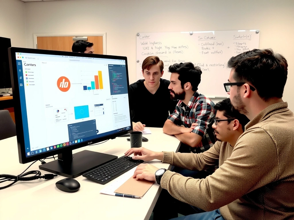 A team of designers collaborating on a new project, looking at a large screen with wireframes and design mockups.