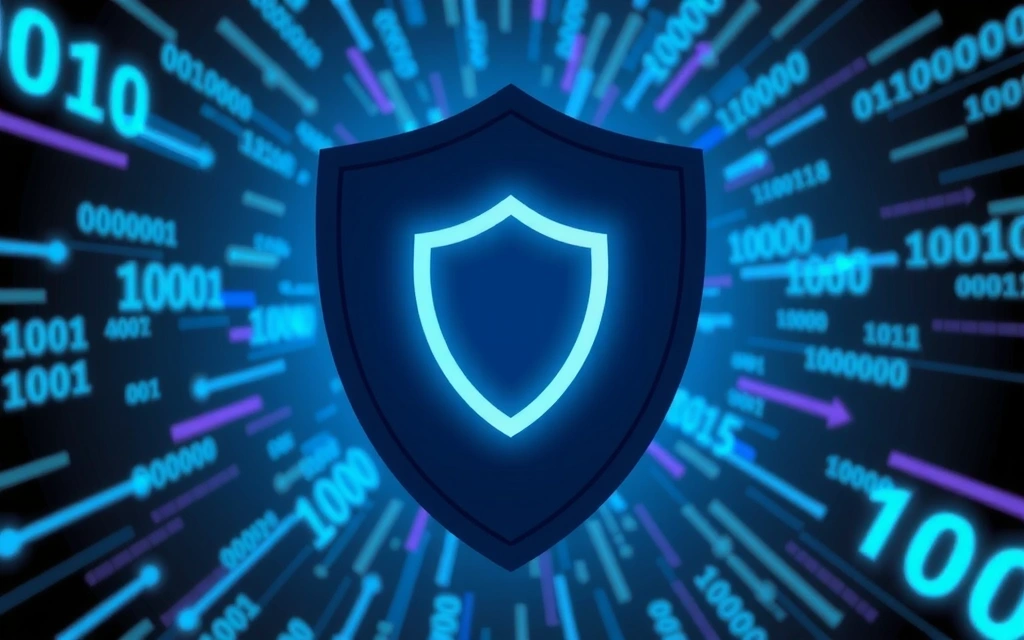 Digital security shield icon with binary code background, symbolizing data protection