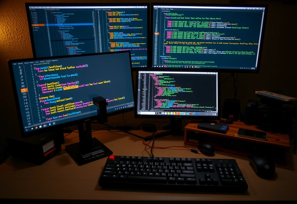 Code snippets on multiple screens in a developer's workstation, illustrating the development phase