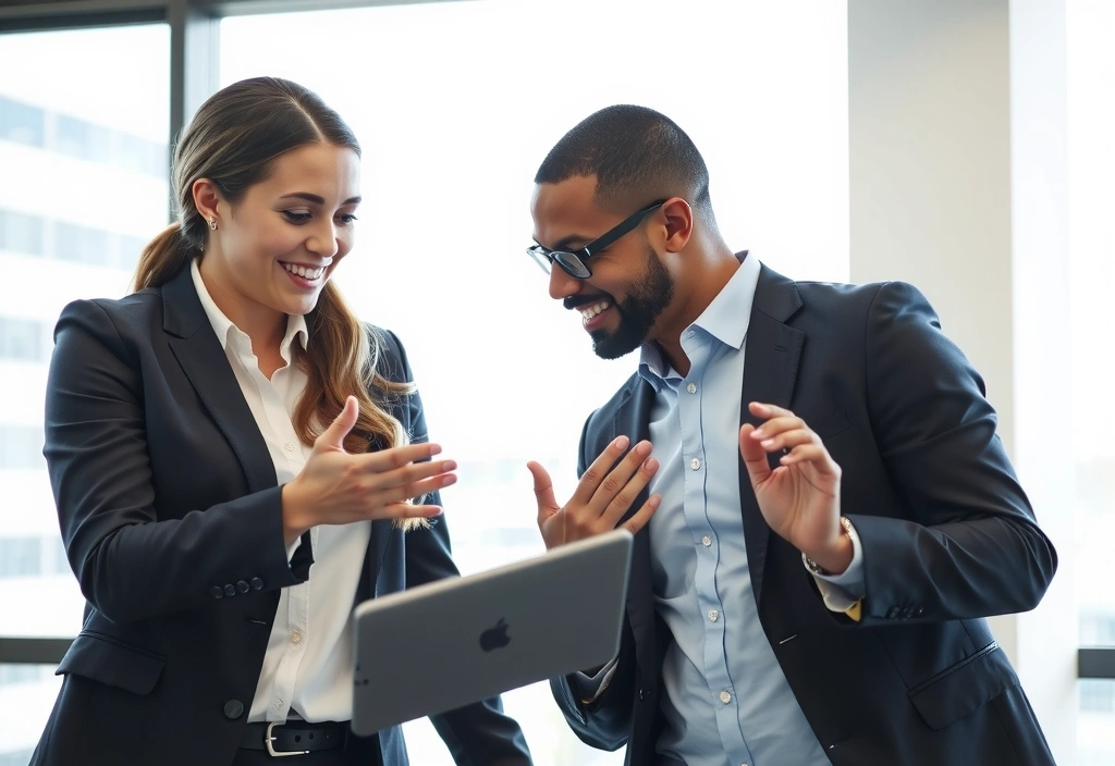 Two business people discussing project requirements over a tablet, illustrating the discovery phase