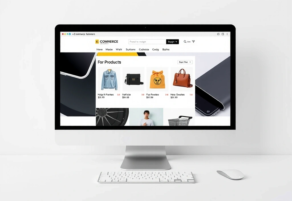 A sleek e-commerce website displaying various products on a desktop screen, with credit card icons and shopping cart visible, representing e-commerce solutions.
