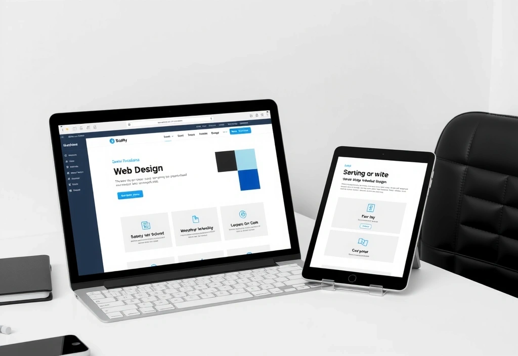 A designer working on a responsive web design layout on a laptop and tablet, illustrating web design & development services.