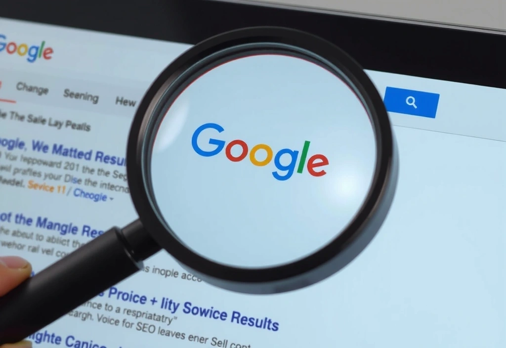 A magnifying glass over a search engine results page, highlighting a website at the top, symbolizing SEO optimization services.