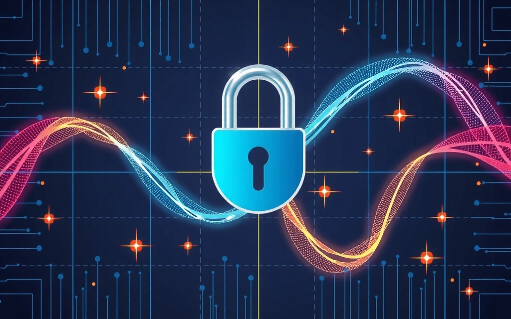 Abstract illustration of data security and privacy, with intertwined digital locks and flowing data streams.