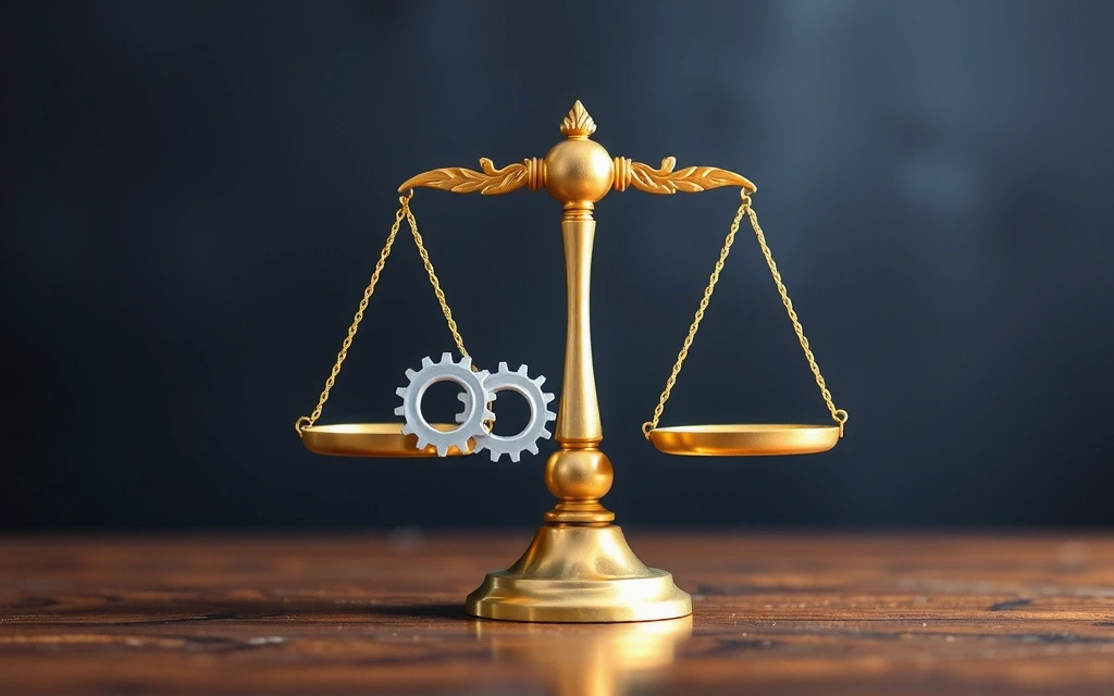 Abstract visualization of legal balance and justice, with intertwined gears and scales, representing dispute resolution.