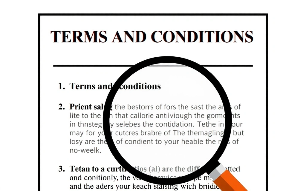 Digital illustration of a legal document with a magnifying glass over it, symbolizing terms and conditions review.